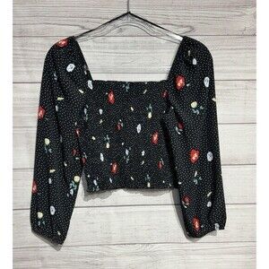 Cocktail Crop Top Floral Womens Size S Puffed Blue Polka Smocked Navy Prairie AF